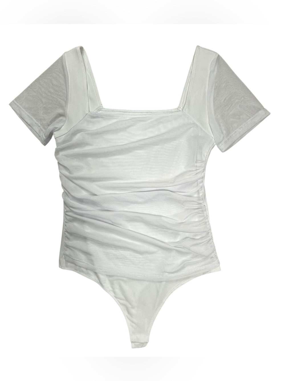 Women’s White Mesh Ruched Bodysuit Square Neck Sheer Short Sleeve Lined Size L
